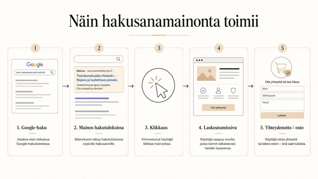 Google Ads hakusanamainonnan toimintaperiaate Google-hausta yhteydenottoon
